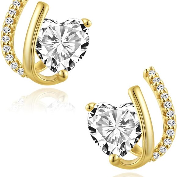 Elegant 14K Gold Plated Heart-Shaped Cubic Zirconia Stud Earrings for Sensitive - Picture 1 of 7